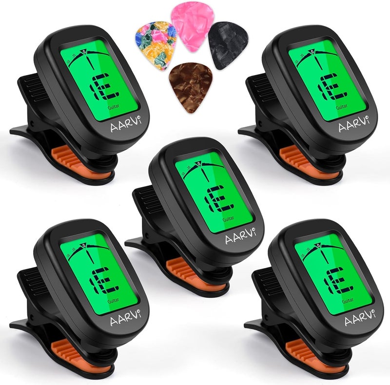 Aarvi Clip On Guitar Tuner 5 Pack for All Instruments, Acoustic/Electric Guitar, Ukulele, Bass, Violin, Banjo, Large Clear LCD Display for Guitar Tuner, Chromatic Tuner, 20 Pack Guitar Picks Included - Image 1